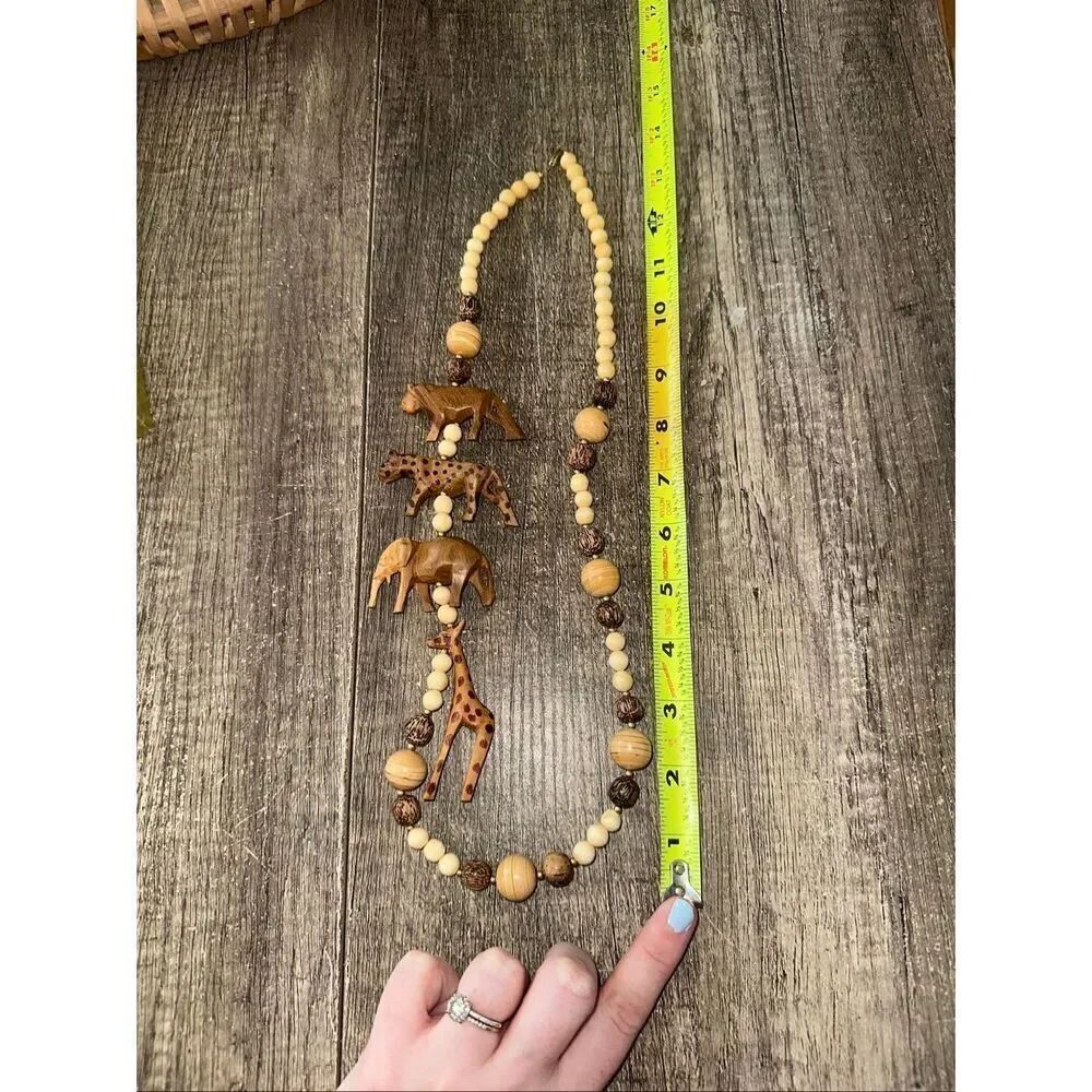 Vintage Hand Carved African Safari Animal Wood Necklace Statement